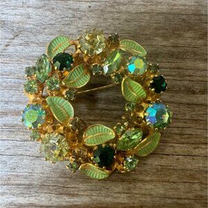 Vintage Austria Brooch Green Sparkling Rhinestones Enameled Leaves